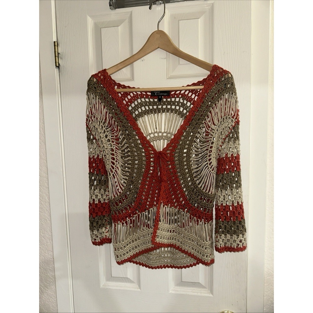 Trendology  Boho CrochetSzM Cardigan Tan Orange Open Front With Tie 3/4 Sleeve